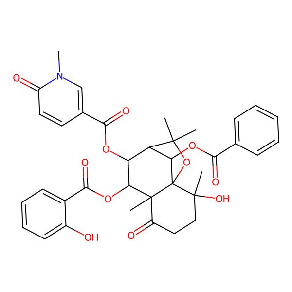 2D Structure of [12-Benzoyloxy-2-hydroxy-7-(2-hydroxybenzoyl)oxy-2,6,10,10-tetramethyl-5-oxo-11-oxatricyclo[7.2.1.01,6]dodecan-8-yl] 1-methyl-6-oxopyridine-3-carboxylate