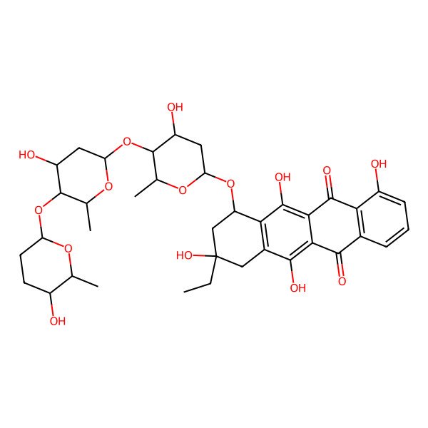 2D Structure of 9-ethyl-4,6,9,11-tetrahydroxy-7-[4-hydroxy-5-[4-hydroxy-5-(5-hydroxy-6-methyloxan-2-yl)oxy-6-methyloxan-2-yl]oxy-6-methyloxan-2-yl]oxy-8,10-dihydro-7H-tetracene-5,12-dione