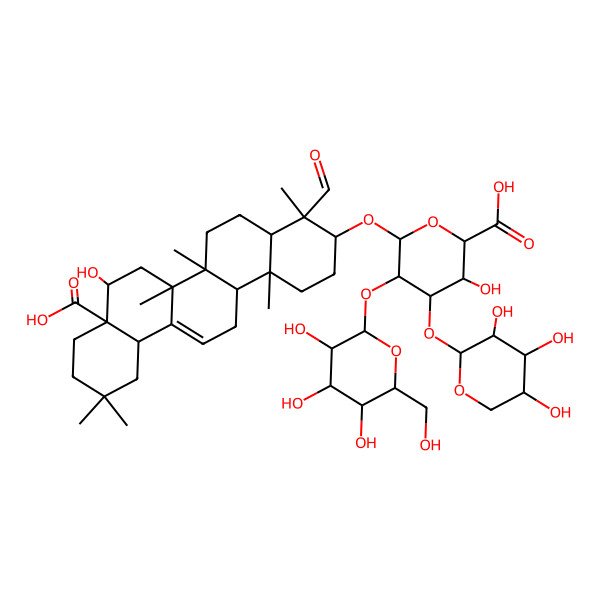 2D Structure of beta-D-Glucopyranosiduronic acid, (3beta,4alpha,16alpha)-17-carboxy-16-hydroxy-23-oxo-28-norolean-12-en-3-yl O-beta-D-galactopyranosyl-(1-->2)-O-[beta-D-xylopyranosyl-(1-->3)]-