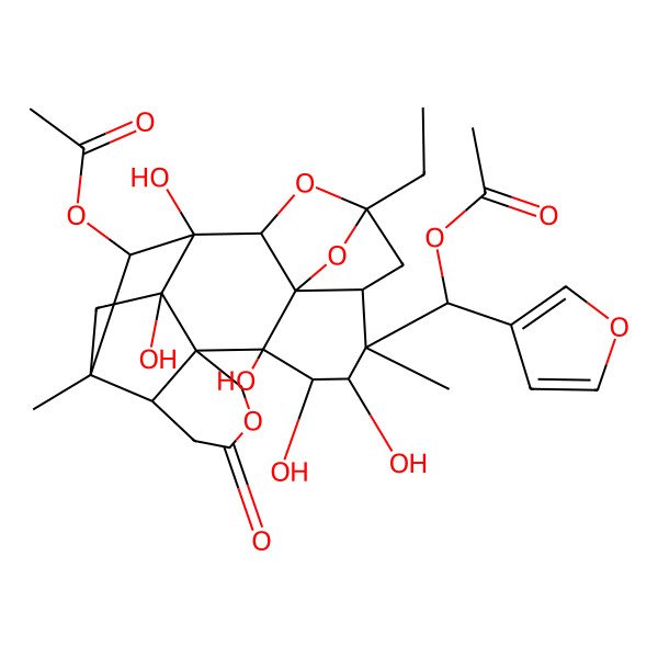 2D Structure of [8-[Acetyloxy(furan-3-yl)methyl]-5-ethyl-1,9,10,11,20-pentahydroxy-8,18-dimethyl-15-oxo-4,14,22-trioxaheptacyclo[16.2.1.12,5.03,7.03,11.012,17.012,20]docosan-21-yl] acetate