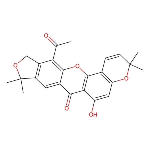 2D Structure of 10-Acetyl-21-hydroxy-6,6,17,17-tetramethyl-7,12,18-trioxapentacyclo[11.8.0.03,11.05,9.014,19]henicosa-1(13),3,5(9),10,14(19),15,20-heptaen-2-one