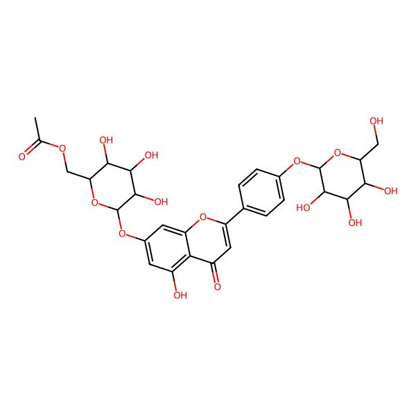2D Structure of [(2R,3S,4R,5R,6S)-3,4,5-trihydroxy-6-[5-hydroxy-4-oxo-2-[4-[(2S,3R,4R,5S,6R)-3,4,5-trihydroxy-6-(hydroxymethyl)oxan-2-yl]oxyphenyl]chromen-7-yl]oxyoxan-2-yl]methyl acetate