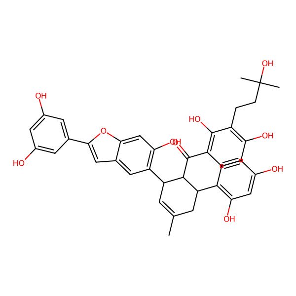 2D Structure of [2,4-dihydroxy-3-(3-hydroxy-3-methylbutyl)phenyl]-[(1R,2R,6S)-6-(2,4-dihydroxyphenyl)-2-[2-(3,5-dihydroxyphenyl)-6-hydroxy-1-benzofuran-5-yl]-4-methylcyclohex-3-en-1-yl]methanone