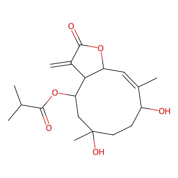 2D Structure of [(3aR,4R,6S,9S,10Z,11aR)-6,9-dihydroxy-6,10-dimethyl-3-methylidene-2-oxo-4,5,7,8,9,11a-hexahydro-3aH-cyclodeca[b]furan-4-yl] 2-methylpropanoate
