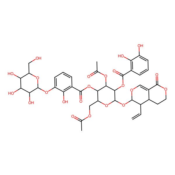 2D Structure of [4-acetyloxy-6-(acetyloxymethyl)-2-[(4-ethenyl-8-oxo-4,4a,5,6-tetrahydro-3H-pyrano[3,4-c]pyran-3-yl)oxy]-5-[2-hydroxy-3-[3,4,5-trihydroxy-6-(hydroxymethyl)oxan-2-yl]oxybenzoyl]oxyoxan-3-yl] 2,3-dihydroxybenzoate