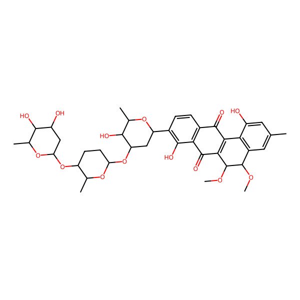 2D Structure of 9-[4-[5-(4,5-Dihydroxy-6-methyloxan-2-yl)oxy-6-methyloxan-2-yl]oxy-5-hydroxy-6-methyloxan-2-yl]-1,8-dihydroxy-5,6-dimethoxy-3-methyl-5,6-dihydrobenzo[a]anthracene-7,12-dione