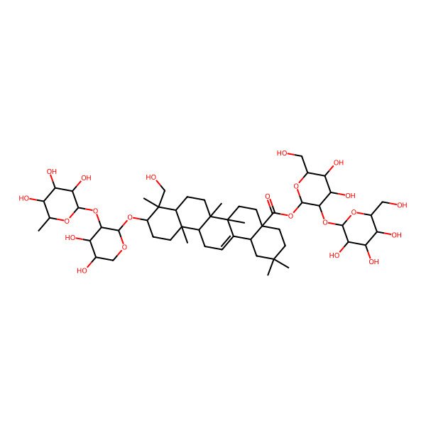 2D Structure of [(2S,3R,4S,5S,6R)-4,5-dihydroxy-6-(hydroxymethyl)-3-[(2S,3R,4S,5S,6R)-3,4,5-trihydroxy-6-(hydroxymethyl)oxan-2-yl]oxyoxan-2-yl] (4aS,6aR,6aS,6bR,8aR,9R,10R,12aR,14bS)-10-[(2S,3R,4S,5S)-4,5-dihydroxy-3-[(2S,3R,4R,5R,6S)-3,4,5-trihydroxy-6-methyloxan-2-yl]oxyoxan-2-yl]oxy-9-(hydroxymethyl)-2,2,6a,6b,9,12a-hexamethyl-1,3,4,5,6,6a,7,8,8a,10,11,12,13,14b-tetradecahydropicene-4a-carboxylate