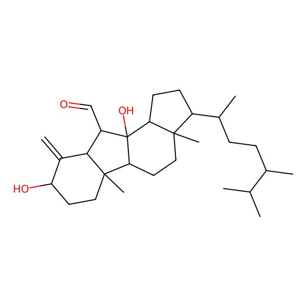2D Structure of 3-(5,6-Dimethylheptan-2-yl)-8,10a-dihydroxy-3a,5b-dimethyl-9-methylidene-1,2,3,4,5,5a,6,7,8,9a,10,10b-dodecahydrocyclopenta[a]fluorene-10-carbaldehyde