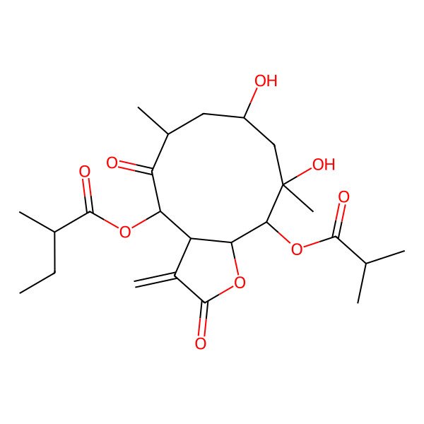 2D Structure of [8,10-Dihydroxy-6,10-dimethyl-3-methylidene-11-(2-methylpropanoyloxy)-2,5-dioxo-3a,4,6,7,8,9,11,11a-octahydrocyclodeca[b]furan-4-yl] 2-methylbutanoate