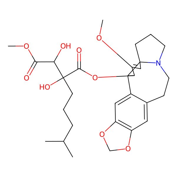 2D Structure of 1-O-[(2S,3S,6R)-4-methoxy-16,18-dioxa-10-azapentacyclo[11.7.0.02,6.06,10.015,19]icosa-1(20),4,13,15(19)-tetraen-3-yl] 4-O-methyl (2R,3S)-2,3-dihydroxy-2-(4-methylpentyl)butanedioate