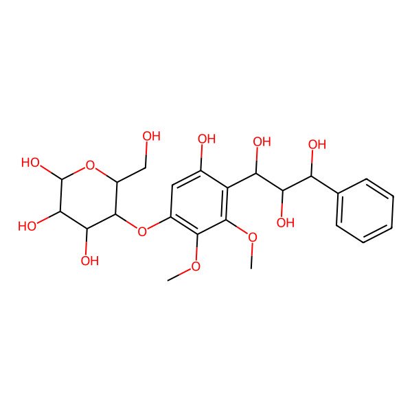 2D Structure of 5-[5-Hydroxy-2,3-dimethoxy-4-(1,2,3-trihydroxy-3-phenylpropyl)phenoxy]-6-(hydroxymethyl)oxane-2,3,4-triol