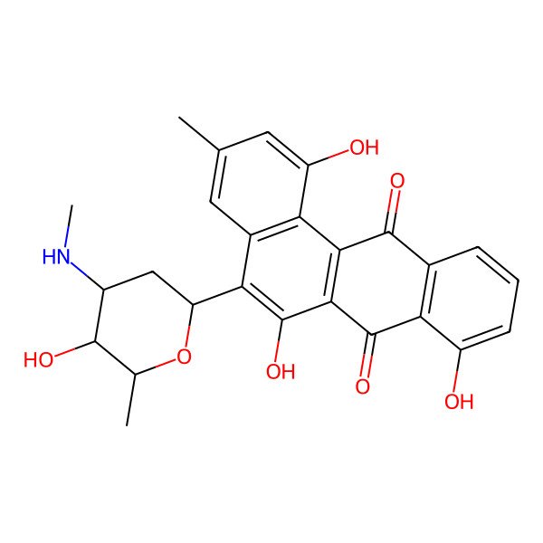 2D Structure of 1,6,8-trihydroxy-5-[(2R,4R,5S,6R)-5-hydroxy-6-methyl-4-(methylamino)oxan-2-yl]-3-methylbenzo[a]anthracene-7,12-dione