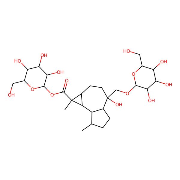 2D Structure of [3,4,5-trihydroxy-6-(hydroxymethyl)oxan-2-yl] 4-hydroxy-1,7-dimethyl-4-[[3,4,5-trihydroxy-6-(hydroxymethyl)oxan-2-yl]oxymethyl]-2,3,4a,5,6,7,7a,7b-octahydro-1aH-cyclopropa[e]azulene-1-carboxylate