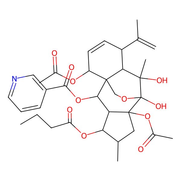 2D Structure of [(1S,2S,3S,4R,5R,7S,8S,9R,10S,11R,14S)-7,14-diacetyloxy-4-butanoyloxy-8,9-dihydroxy-5,9-dimethyl-11-prop-1-en-2-yl-16-oxatetracyclo[6.6.2.01,10.03,7]hexadec-12-en-2-yl] pyridine-3-carboxylate