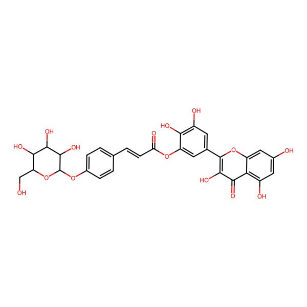 2D Structure of [2,3-dihydroxy-5-(3,5,7-trihydroxy-4-oxochromen-2-yl)phenyl] (E)-3-[4-[(3R,4S,5S,6R)-3,4,5-trihydroxy-6-(hydroxymethyl)oxan-2-yl]oxyphenyl]prop-2-enoate