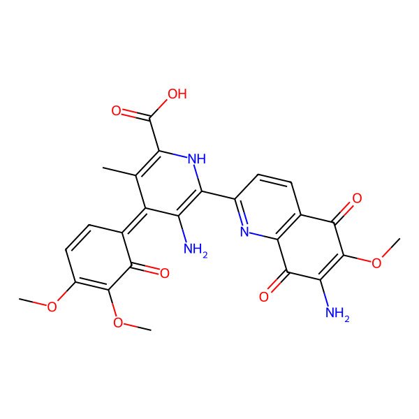 2D Structure of (4Z)-5-amino-6-(7-amino-6-methoxy-5,8-dioxoquinolin-2-yl)-4-(4,5-dimethoxy-6-oxocyclohexa-2,4-dien-1-ylidene)-3-methyl-1H-pyridine-2-carboxylic acid