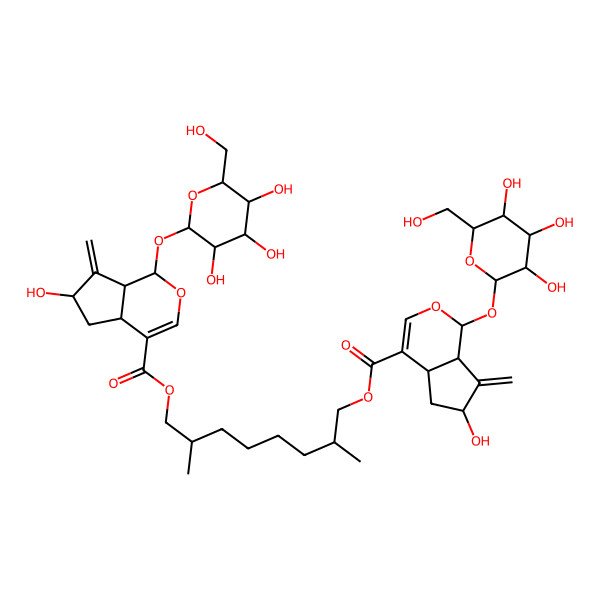 2D Structure of [(2S,7S)-8-[(1S,4aS,6S,7aS)-6-hydroxy-7-methylidene-1-[(2S,3R,4S,5S,6R)-3,4,5-trihydroxy-6-(hydroxymethyl)oxan-2-yl]oxy-4a,5,6,7a-tetrahydro-1H-cyclopenta[c]pyran-4-carbonyl]oxy-2,7-dimethyloctyl] (1S,4aS,6S,7aS)-6-hydroxy-7-methylidene-1-[(2S,3R,4S,5S,6R)-3,4,5-trihydroxy-6-(hydroxymethyl)oxan-2-yl]oxy-4a,5,6,7a-tetrahydro-1H-cyclopenta[c]pyran-4-carboxylate