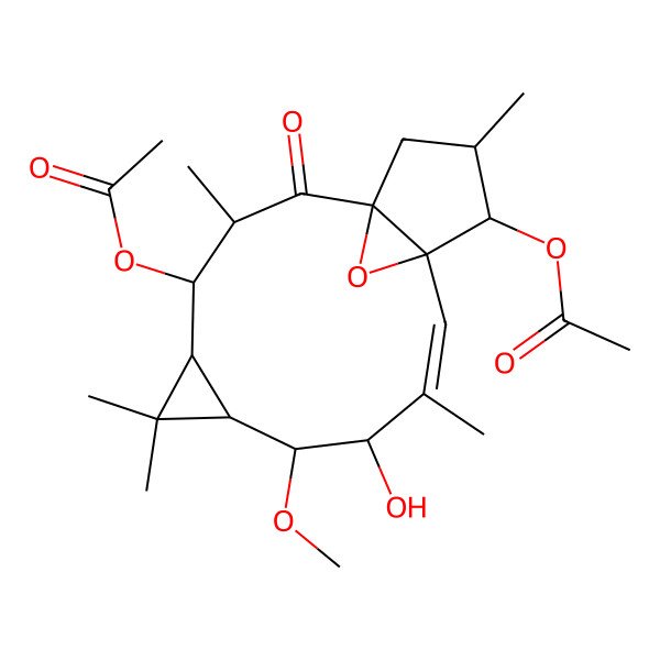 2D Structure of (13-Acetyloxy-9-hydroxy-8-methoxy-3,6,6,10,14-pentamethyl-2-oxo-16-oxatetracyclo[10.3.1.01,12.05,7]hexadec-10-en-4-yl) acetate