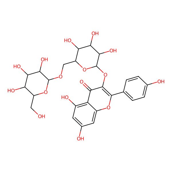 2D Structure of 5,7-dihydroxy-2-(4-hydroxyphenyl)-3-[(2S,3R,4S,5S,6R)-3,4,5-trihydroxy-6-[[(2R,3R,4R,5R,6S)-3,4,5-trihydroxy-6-(hydroxymethyl)oxan-2-yl]oxymethyl]oxan-2-yl]oxychromen-4-one