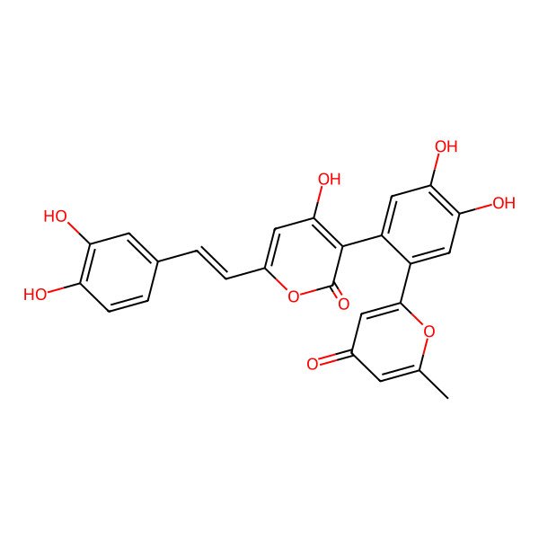 2D Structure of 3-[4,5-Dihydroxy-2-(6-methyl-4-oxopyran-2-yl)phenyl]-6-[2-(3,4-dihydroxyphenyl)ethenyl]-4-hydroxypyran-2-one