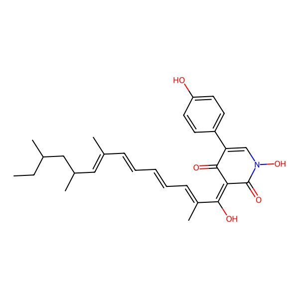 2D Structure of 1-hydroxy-5-(4-hydroxyphenyl)-3-[(2E,4E,6E,8E,10R,12R)-1-hydroxy-2,8,10,12-tetramethyltetradeca-2,4,6,8-tetraenylidene]pyridine-2,4-dione