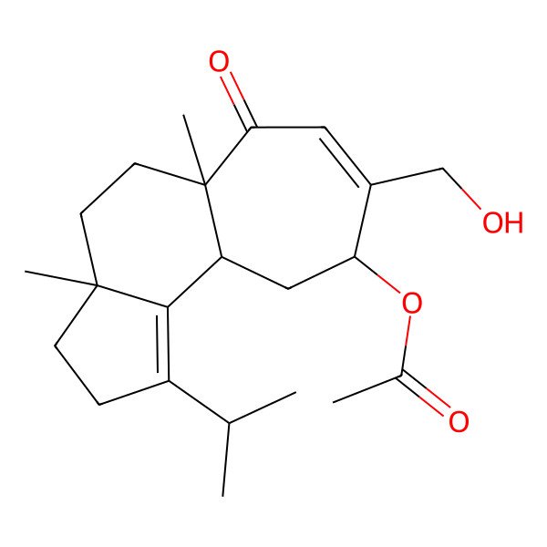 2D Structure of [8-(hydroxymethyl)-3a,5a-dimethyl-6-oxo-1-propan-2-yl-3,4,5,9,10,10a-hexahydro-2H-cyclohepta[e]inden-9-yl] acetate