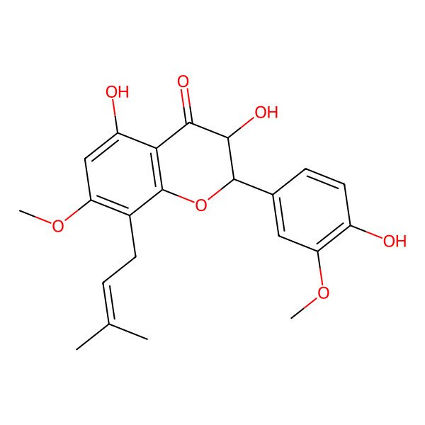 2D Structure of 3,5-Dihydroxy-2-(4-hydroxy-3-methoxyphenyl)-7-methoxy-8-(3-methylbut-2-enyl)-2,3-dihydrochromen-4-one