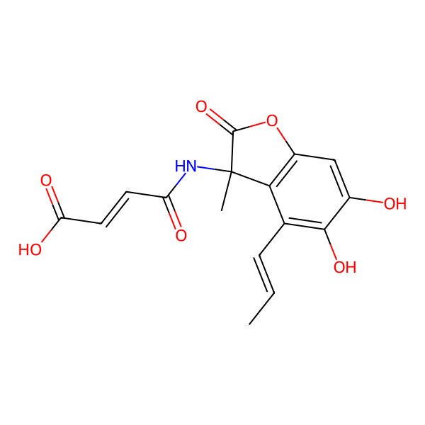 2D Structure of (E)-4-[[(3S)-5,6-dihydroxy-3-methyl-2-oxo-4-[(E)-prop-1-enyl]-1-benzofuran-3-yl]amino]-4-oxobut-2-enoic acid