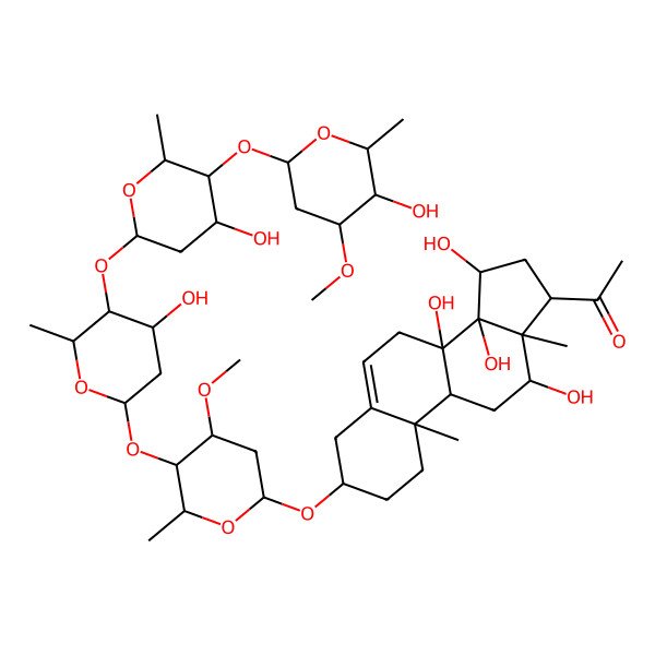 2D Structure of 1-[(3S,8S,9R,10R,12R,13S,14S,15R,17S)-8,12,14,15-tetrahydroxy-3-[(2R,4S,5R,6R)-5-[(2S,4S,5S,6R)-4-hydroxy-5-[(2S,4S,5S,6R)-4-hydroxy-5-[(2S,4R,5R,6R)-5-hydroxy-4-methoxy-6-methyloxan-2-yl]oxy-6-methyloxan-2-yl]oxy-6-methyloxan-2-yl]oxy-4-methoxy-6-methyloxan-2-yl]oxy-10,13-dimethyl-2,3,4,7,9,11,12,15,16,17-decahydro-1H-cyclopenta[a]phenanthren-17-yl]ethanone