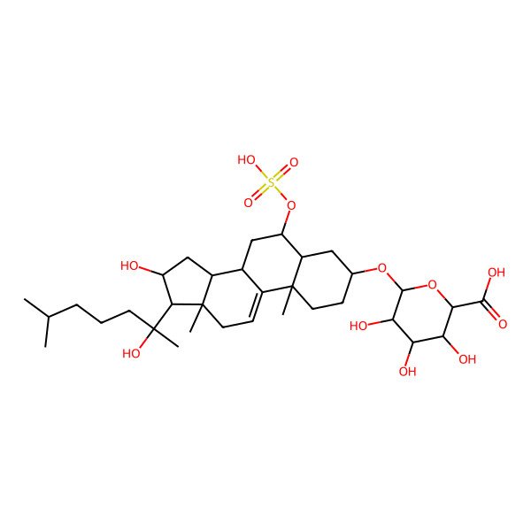 2D Structure of (2S,3S,4S,5R,6R)-3,4,5-trihydroxy-6-[[(3S,5S,6S,8S,10S,13S,14S,16S,17R)-16-hydroxy-17-[(2S)-2-hydroxy-6-methylheptan-2-yl]-10,13-dimethyl-6-sulfooxy-2,3,4,5,6,7,8,12,14,15,16,17-dodecahydro-1H-cyclopenta[a]phenanthren-3-yl]oxy]oxane-2-carboxylic acid