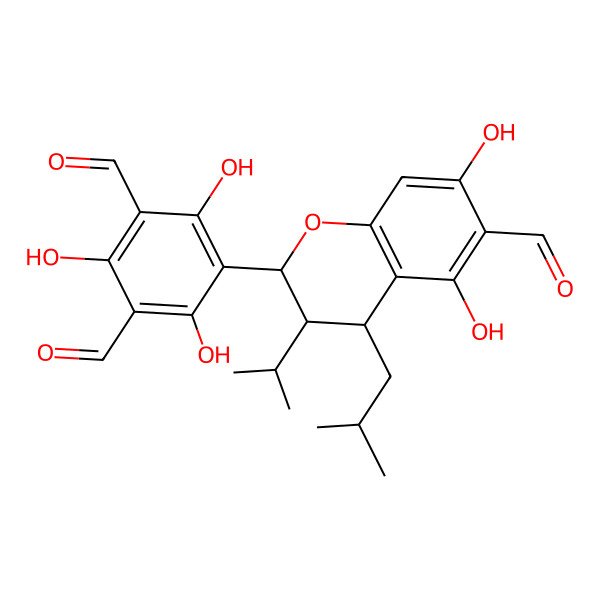 2D Structure of 5-[(2R,3R,4S)-6-formyl-5,7-dihydroxy-4-(2-methylpropyl)-3-propan-2-yl-3,4-dihydro-2H-chromen-2-yl]-2,4,6-trihydroxybenzene-1,3-dicarbaldehyde