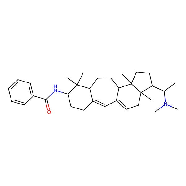 2D Structure of N-[15-[1-(dimethylamino)ethyl]-7,7,12,16-tetramethyl-6-tetracyclo[9.7.0.03,8.012,16]octadeca-1(18),2-dienyl]benzamide