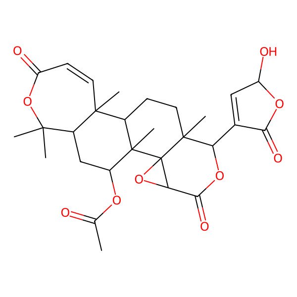 2D Structure of [7-(2-hydroxy-5-oxo-2H-furan-4-yl)-1,8,12,17,17-pentamethyl-5,15-dioxo-3,6,16-trioxapentacyclo[9.9.0.02,4.02,8.012,18]icos-13-en-20-yl] acetate