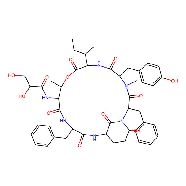 2D Structure of N-[2,15-dibenzyl-8-butan-2-yl-21-hydroxy-5-[(4-hydroxyphenyl)methyl]-4,11-dimethyl-3,6,9,13,16,22-hexaoxo-10-oxa-1,4,7,14,17-pentazabicyclo[16.3.1]docosan-12-yl]-2,3-dihydroxypropanamide