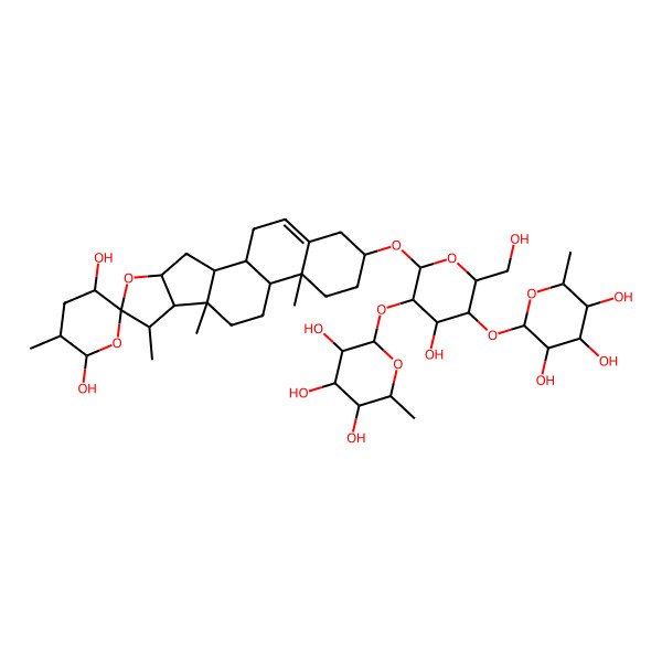 2D Structure of 2-[6-(3',6'-Dihydroxy-5',7,9,13-tetramethylspiro[5-oxapentacyclo[10.8.0.02,9.04,8.013,18]icos-18-ene-6,2'-oxane]-16-yl)oxy-4-hydroxy-2-(hydroxymethyl)-5-(3,4,5-trihydroxy-6-methyloxan-2-yl)oxyoxan-3-yl]oxy-6-methyloxane-3,4,5-triol