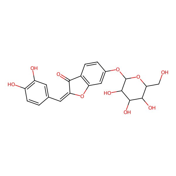 2D Structure of (2E)-2-[(3,4-dihydroxyphenyl)methylidene]-6-[(2R,3R,4S,5S,6R)-3,4,5-trihydroxy-6-(hydroxymethyl)oxan-2-yl]oxy-1-benzofuran-3-one