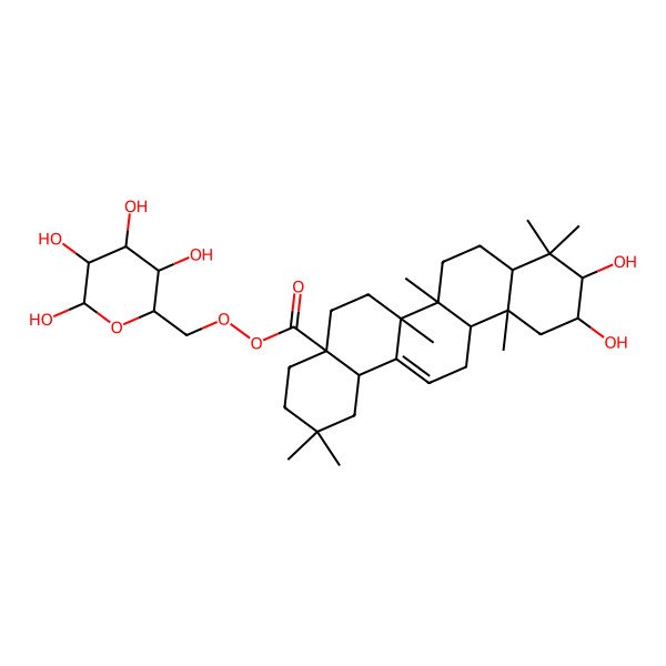 2D Structure of (3,4,5,6-Tetrahydroxyoxan-2-yl)methyl 10,11-dihydroxy-2,2,6a,6b,9,9,12a-heptamethyl-1,3,4,5,6,6a,7,8,8a,10,11,12,13,14b-tetradecahydropicene-4a-carboperoxoate 2D Structure of (3,4,5,6-Tetrahydroxyoxan-2-yl)methyl 10,11-dihydroxy-2,2,6a,6b,9,9,12a-heptamethyl-1,3,4,5,6,6a,7,8,8a,10,11,12,13,14b-tetradecahydropicene-4a-carboperoxoate