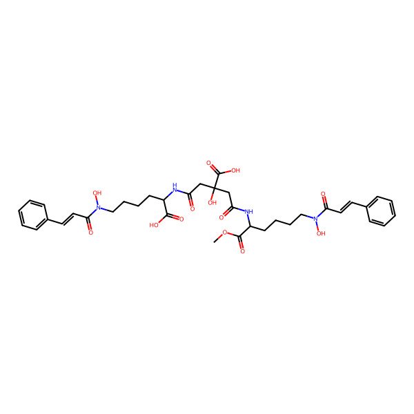 2D Structure of 2-[2-[[(1S)-1-carboxy-5-[hydroxy-[(E)-3-phenylprop-2-enoyl]amino]pentyl]amino]-2-oxoethyl]-2-hydroxy-4-[[(2S)-6-[hydroxy-[(E)-3-phenylprop-2-enoyl]amino]-1-methoxy-1-oxohexan-2-yl]amino]-4-oxobutanoic acid