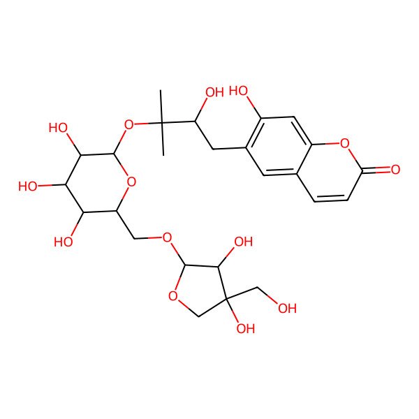 2D Structure of 6-[(2S)-3-[(2S,3R,4S,5S,6R)-6-[[(2R,3R,4R)-3,4-dihydroxy-4-(hydroxymethyl)oxolan-2-yl]oxymethyl]-3,4,5-trihydroxyoxan-2-yl]oxy-2-hydroxy-3-methylbutyl]-7-hydroxychromen-2-one