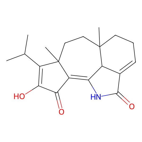 2D Structure of 4-Hydroxy-6,9-dimethyl-5-propan-2-yl-15-azatetracyclo[7.6.1.02,6.013,16]hexadeca-1,4,12-triene-3,14-dione