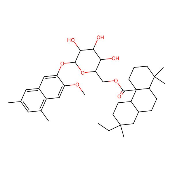 2D Structure of [3,4,5-trihydroxy-6-(3-methoxy-5,7-dimethylnaphthalen-2-yl)oxyoxan-2-yl]methyl 7-ethyl-1,1,7-trimethyl-3,4,4b,5,6,8,8a,9,10,10a-decahydro-2H-phenanthrene-4a-carboxylate