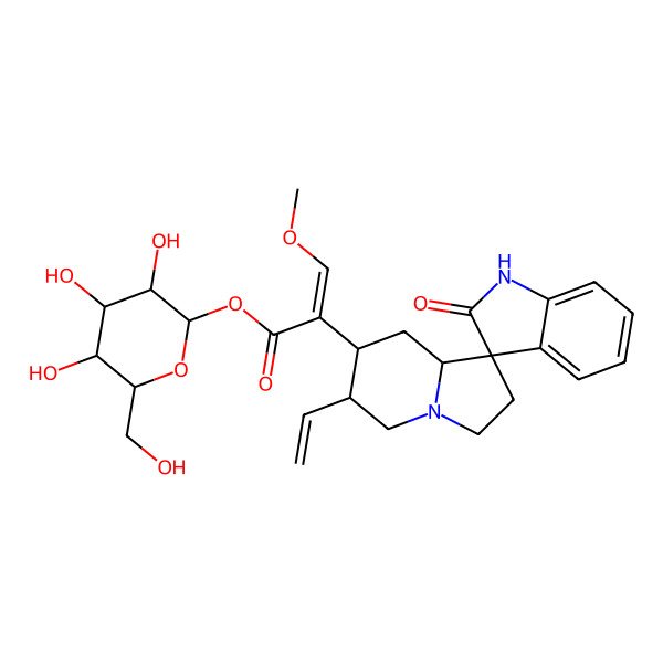 2D Structure of [3,4,5-trihydroxy-6-(hydroxymethyl)oxan-2-yl] 2-(6'-ethenyl-2-oxospiro[1H-indole-3,1'-3,5,6,7,8,8a-hexahydro-2H-indolizine]-7'-yl)-3-methoxyprop-2-enoate