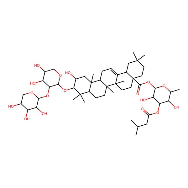 2D Structure of [(2S,3R,4R,5S,6S)-3,5-dihydroxy-6-methyl-4-(3-methylbutanoyloxy)oxan-2-yl] (4aS,6aR,6aS,6bR,8aR,10R,11R,12aR,14bS)-10-[(2S,3R,4S,5R)-4,5-dihydroxy-3-[(2S,3R,4S,5R)-3,4,5-trihydroxyoxan-2-yl]oxyoxan-2-yl]oxy-11-hydroxy-2,2,6a,6b,9,9,12a-heptamethyl-1,3,4,5,6,6a,7,8,8a,10,11,12,13,14b-tetradecahydropicene-4a-carboxylate