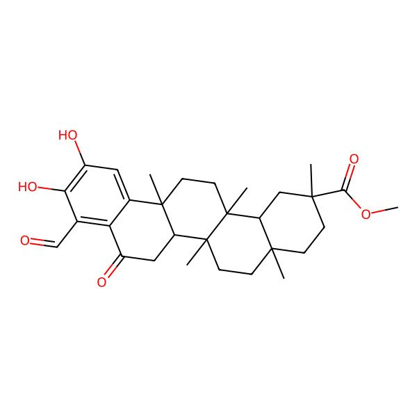 2D Structure of methyl (2R,4aS,6aR,6aR,6bR,14aS,14bR)-9-formyl-10,11-dihydroxy-2,4a,6a,6a,14a-pentamethyl-8-oxo-1,3,4,5,6,6b,7,13,14,14b-decahydropicene-2-carboxylate