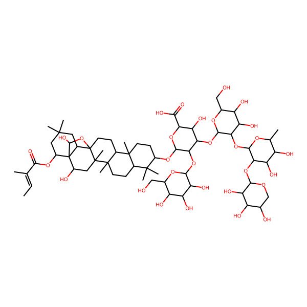 2D Structure of 6-[[2,23-Dihydroxy-4,5,9,9,13,20,20-heptamethyl-22-(2-methylbut-2-enoyloxy)-24-oxahexacyclo[15.5.2.01,18.04,17.05,14.08,13]tetracosan-10-yl]oxy]-4-[3-[4,5-dihydroxy-6-methyl-3-(3,4,5-trihydroxyoxan-2-yl)oxyoxan-2-yl]oxy-4,5-dihydroxy-6-(hydroxymethyl)oxan-2-yl]oxy-3-hydroxy-5-[3,4,5-trihydroxy-6-(hydroxymethyl)oxan-2-yl]oxyoxane-2-carboxylic acid