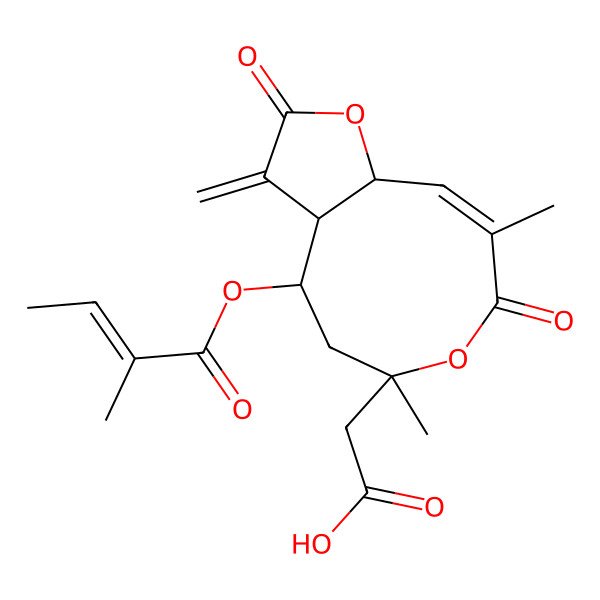 2D Structure of 2-[(3aR,4R,6R,9E,10aS)-6,9-dimethyl-4-[(E)-2-methylbut-2-enoyl]oxy-3-methylidene-2,8-dioxo-3a,4,5,10a-tetrahydrofuro[2,3-e]oxonin-6-yl]acetic acid