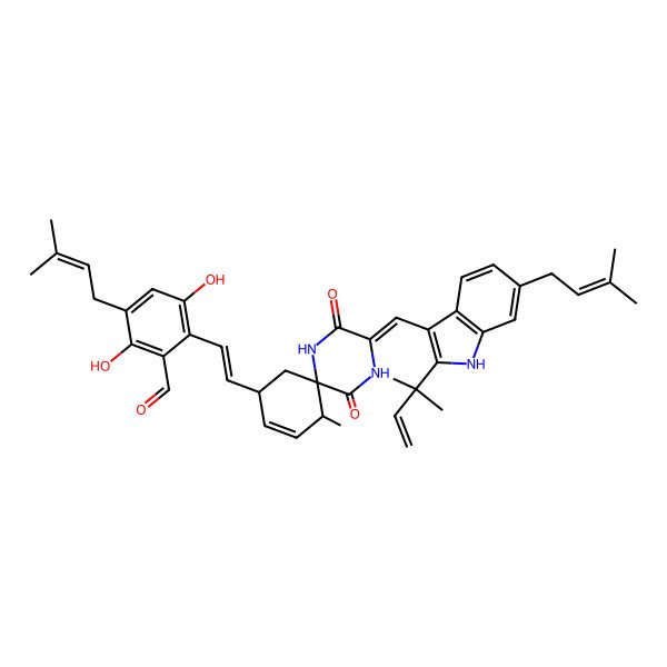 2D Structure of 2,5-dihydroxy-3-(3-methylbut-2-enyl)-6-[(E)-2-[(3Z,6R,8R,11S)-11-methyl-3-[[2-(2-methylbut-3-en-2-yl)-6-(3-methylbut-2-enyl)-1H-indol-3-yl]methylidene]-2,5-dioxo-1,4-diazaspiro[5.5]undec-9-en-8-yl]ethenyl]benzaldehyde