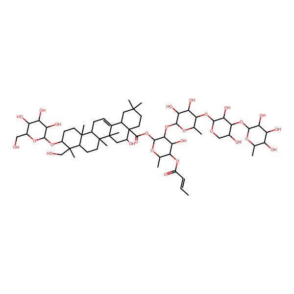 2D Structure of [(2S,3R,4S,5R,6R)-5-[(E)-but-2-enoyl]oxy-3-[(2S,3R,4S,5R,6S)-5-[(2S,3R,4S,5R)-3,5-dihydroxy-4-[(2S,3R,4R,5R,6S)-3,4,5-trihydroxy-6-methyloxan-2-yl]oxyoxan-2-yl]oxy-3,4-dihydroxy-6-methyloxan-2-yl]oxy-4-hydroxy-6-methyloxan-2-yl] (4aR,5R,6aR,6aS,6bR,8aR,9R,10S,12aR,14bS)-5-hydroxy-9-(hydroxymethyl)-2,2,6a,6b,9,12a-hexamethyl-10-[(2R,3R,4S,5S,6R)-3,4,5-trihydroxy-6-(hydroxymethyl)oxan-2-yl]oxy-1,3,4,5,6,6a,7,8,8a,10,11,12,13,14b-tetradecahydropicene-4a-carboxylate