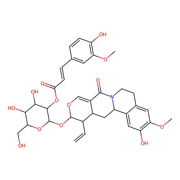 2D Structure of [(2S,3R,4S,5S,6R)-2-[[(1R,15S,16R,17S)-16-ethenyl-4-hydroxy-5-methoxy-11-oxo-14-oxa-10-azatetracyclo[8.8.0.02,7.012,17]octadeca-2,4,6,12-tetraen-15-yl]oxy]-4,5-dihydroxy-6-(hydroxymethyl)oxan-3-yl] (E)-3-(4-hydroxy-3-methoxyphenyl)prop-2-enoate