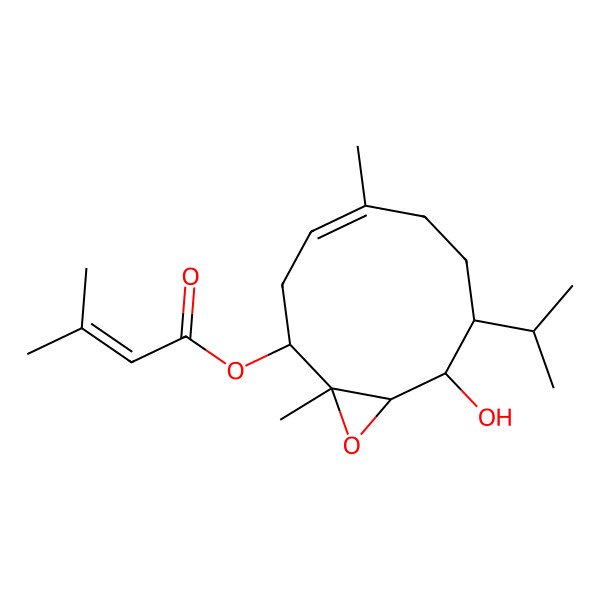 2D Structure of [(1R,2S,4E,8S,9R,10R)-9-hydroxy-1,5-dimethyl-8-propan-2-yl-11-oxabicyclo[8.1.0]undec-4-en-2-yl] 3-methylbut-2-enoate